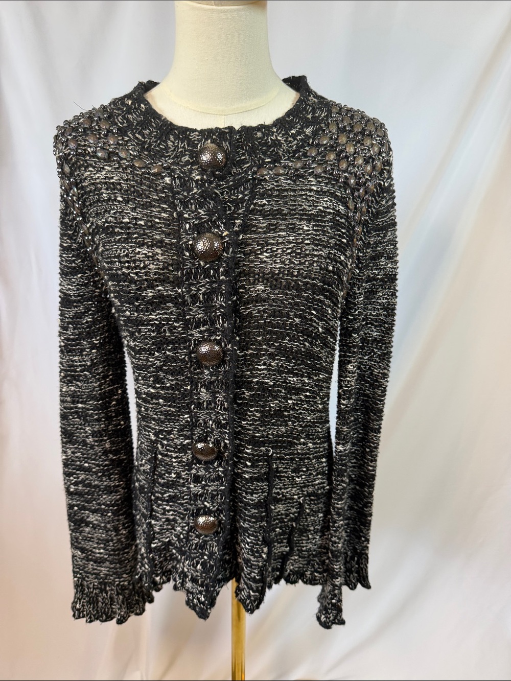 BCBGMaxAzria Black and White Tweed Button-Front Cardigan with beaded accent